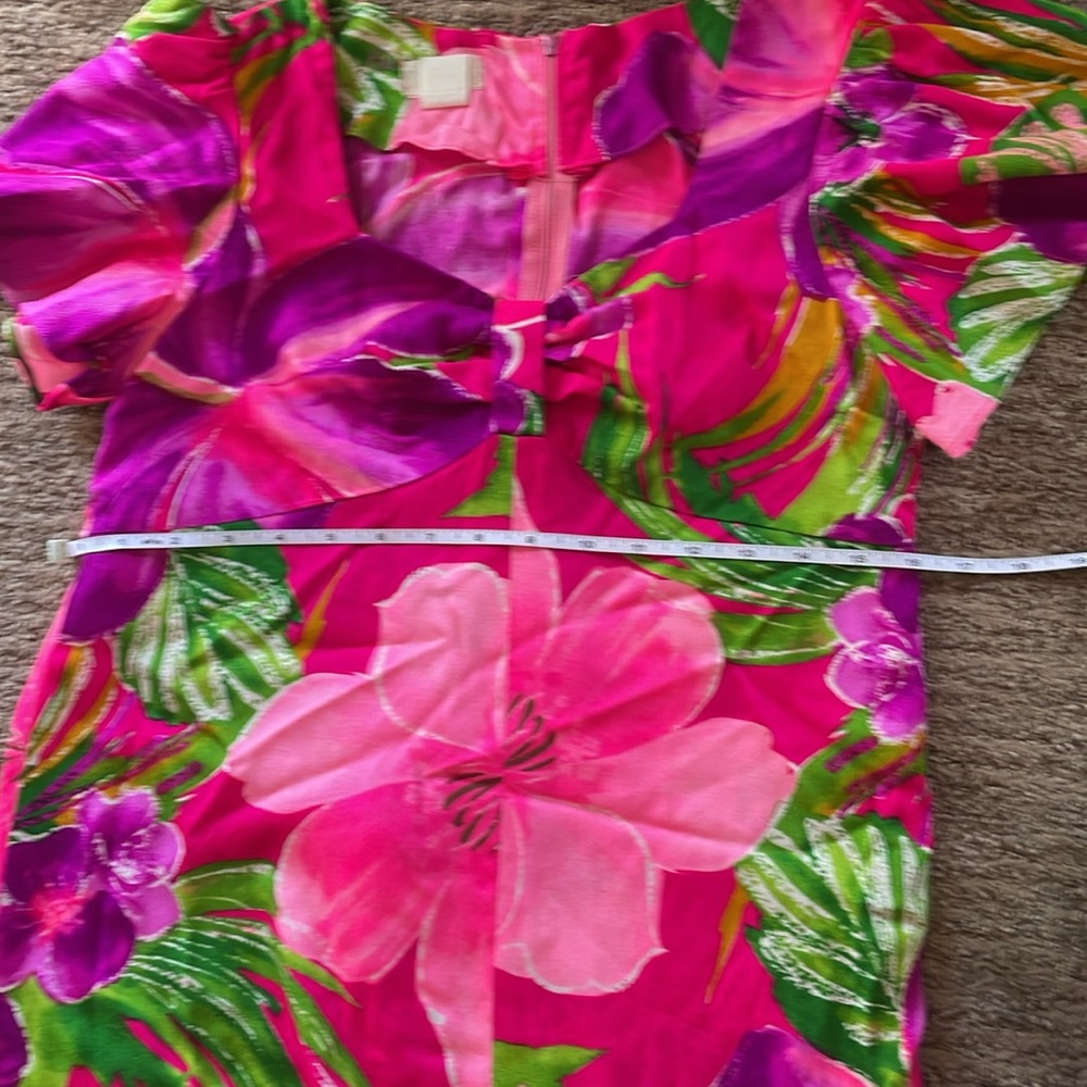 Vtg 60's Pink Magenta Floral Barkcloth Empire Waist Muumuu Dress Tie Back - XS - Picture 8 of 9